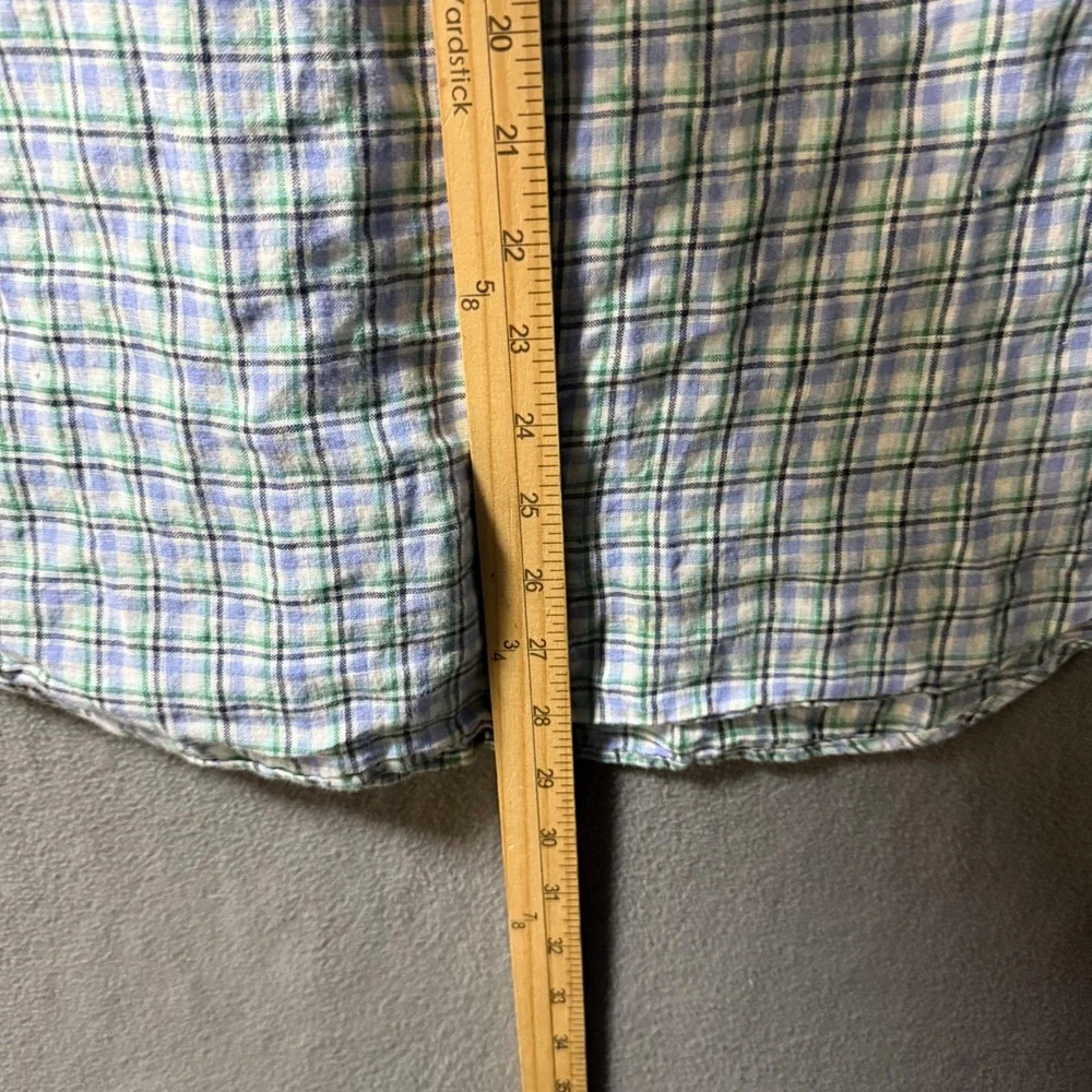 Ralph Lauren Mens Large Linen Plaid Short Sleeve Button Down Shirt Blue Green